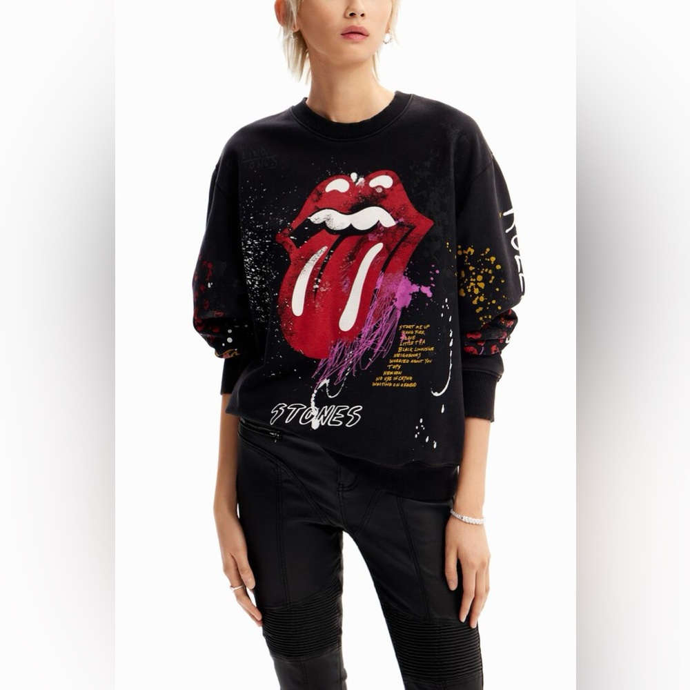 Desigual Black Sweatshirt with Red Tongue Graphic Like New